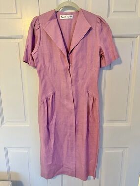 Vintage Adele Simpson Linen Dress Size 10 Pink Midi Tailored Short Sleeve